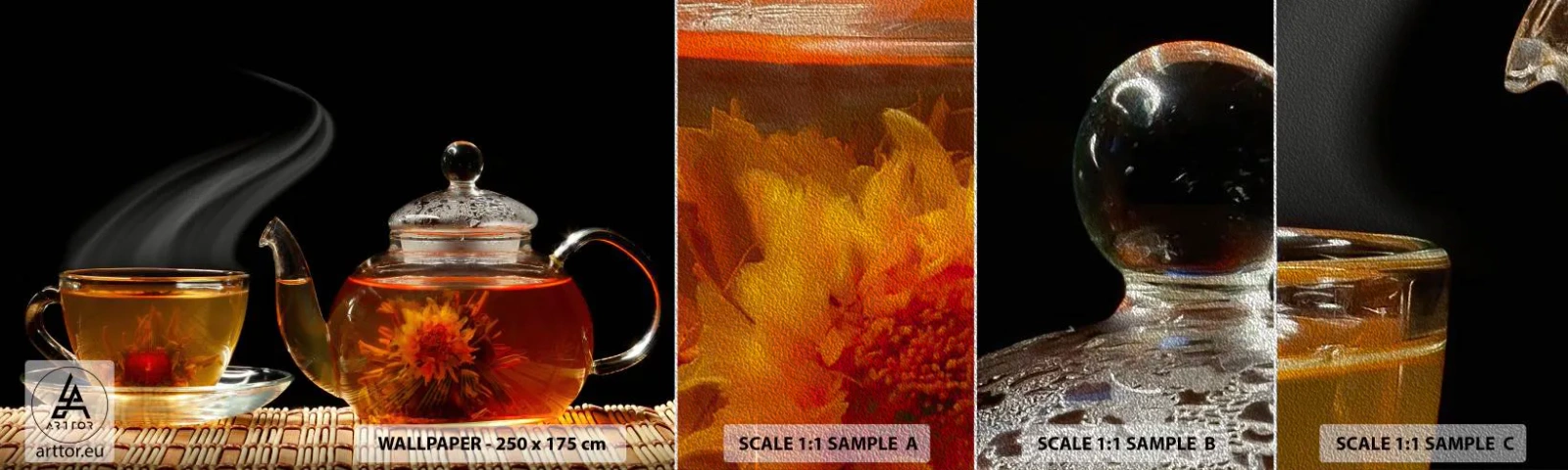 Échantillon de Papier Peint Premium Sand - La magie et l'art de l'infusion du thé - Thé, Théière, Tasse à thé - 100x30 cm