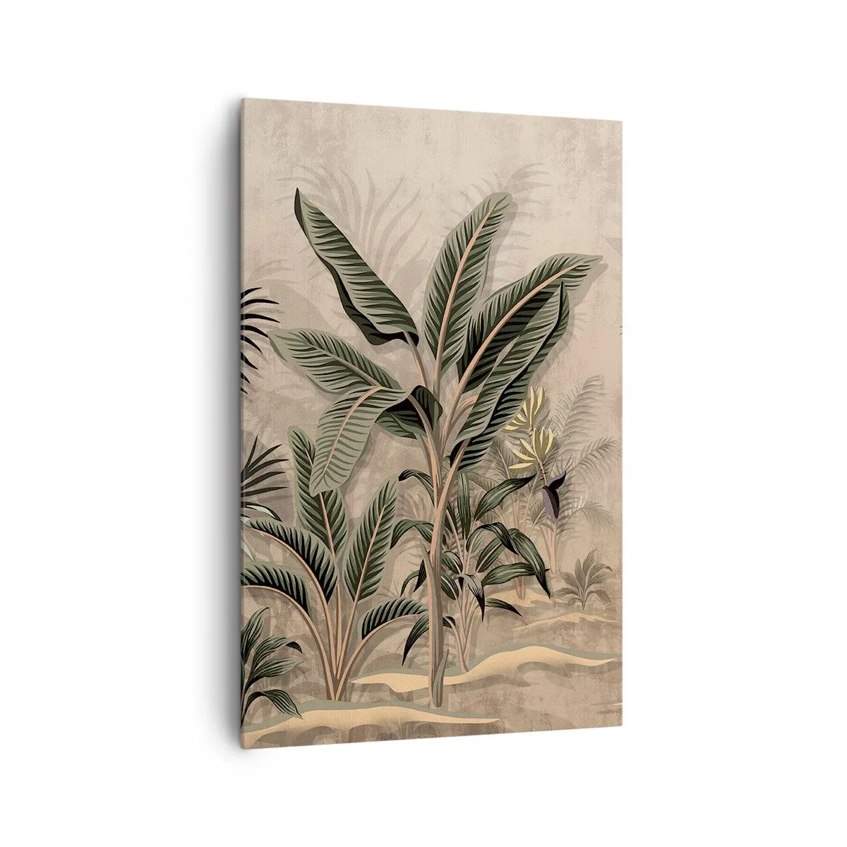 Impression sur toile - Image sur toile - Palmiers et végétation tropicale dans des tons verts sur fond beige - 80x120cm - Une gravure de style colonial - Décoration murale moderne pour le salon et la chambre ARTTOR