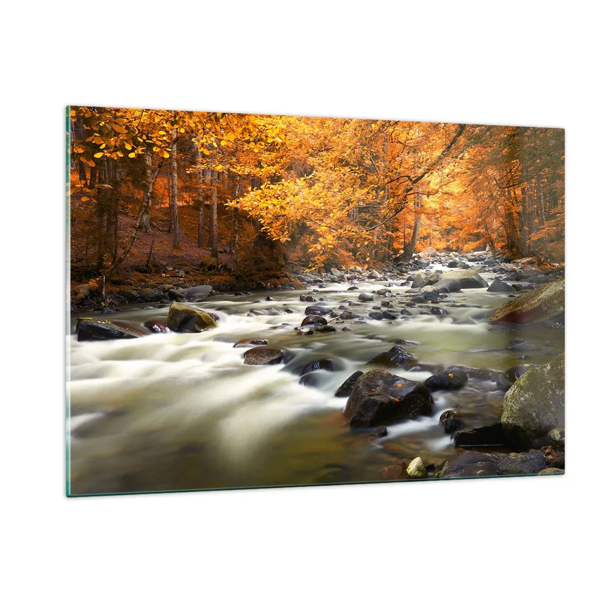 Impression sur verre - Image sur verre - Forêt d'automne avec un ruisseau et des pierres - 120x80cm - Un ruisseau dans une forêt dorée - Décoration murale moderne pour le salon et la chambre ARTTOR