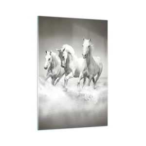 Impression sur verre - Image sur verre - Trois chevaux blancs galopant dans l'eau - 70x100cm - La folie blanche - Décoration murale moderne pour le salon et la chambre ARTTOR