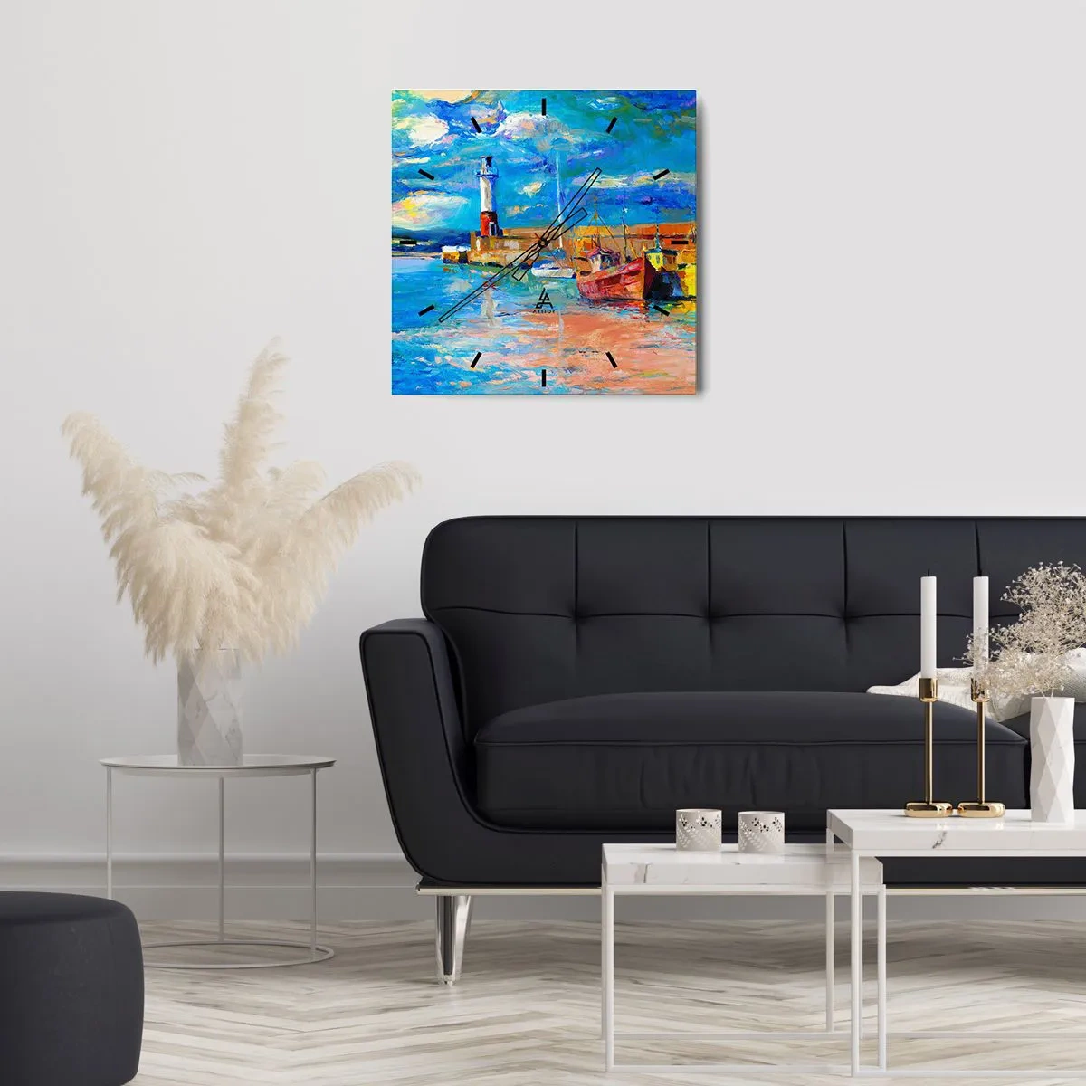 Horloge murale - Pendule murale - Port de pêche avec bateaux et phare aux couleurs vives - 30x30cm - Un après-midi dans la baie arc-en-ciel - Décoration murale moderne pour le salon et la chambre ARTTOR