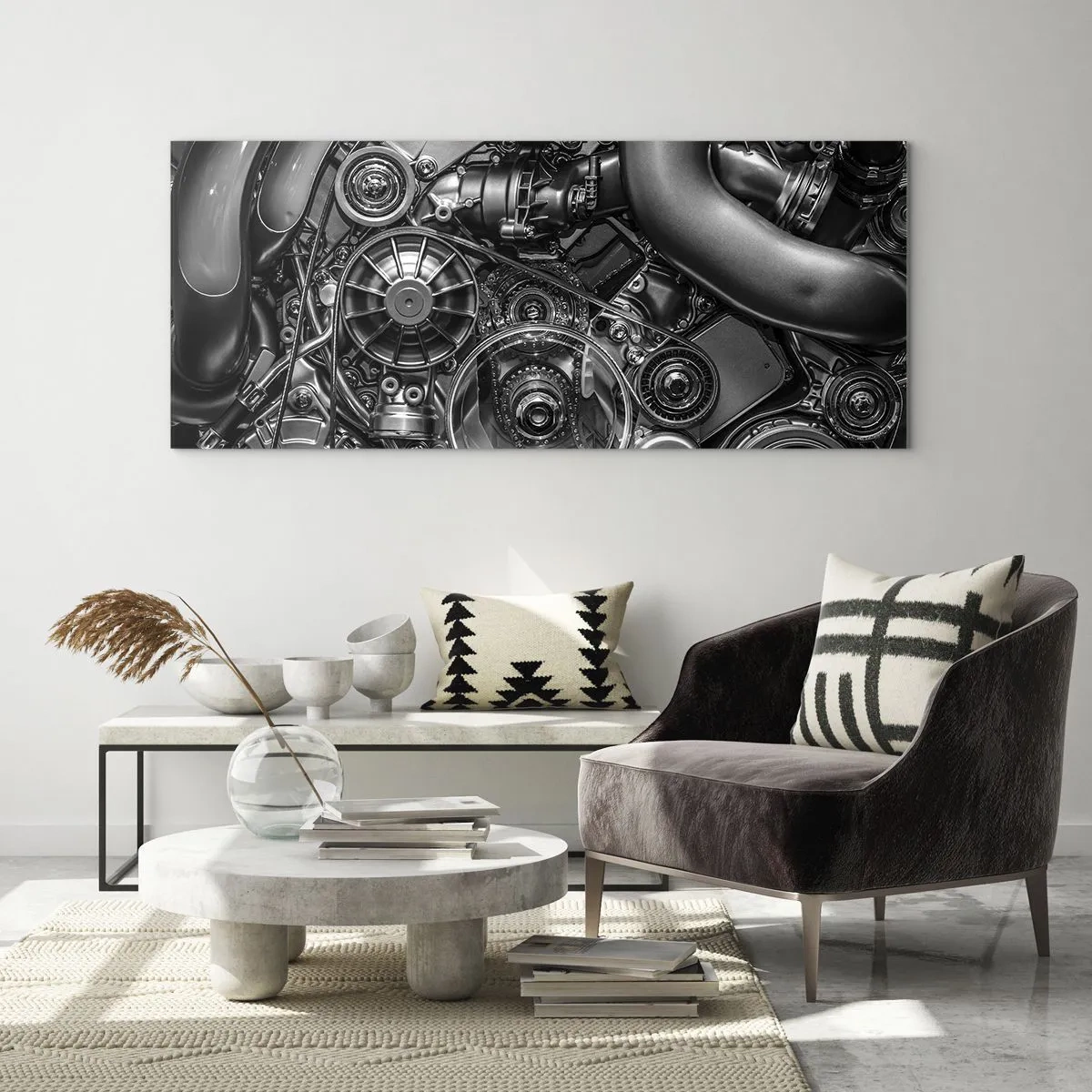 Impression sur verre - Image sur verre - Gros plan noir et blanc des détails mécaniques d'un moteur de voiture. - 160x50cm - Poésie mécanique - Décoration murale moderne pour le salon et la chambre ARTTOR