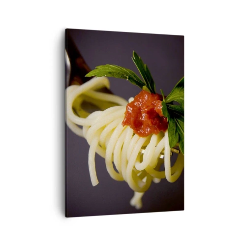 Impression sur toile - Image sur toile - Spaghettis à la fourchette avec sauce tomate et persil - 50x70cm - Une bouchée savoureuse - Décoration murale moderne pour le salon et la chambre ARTTOR