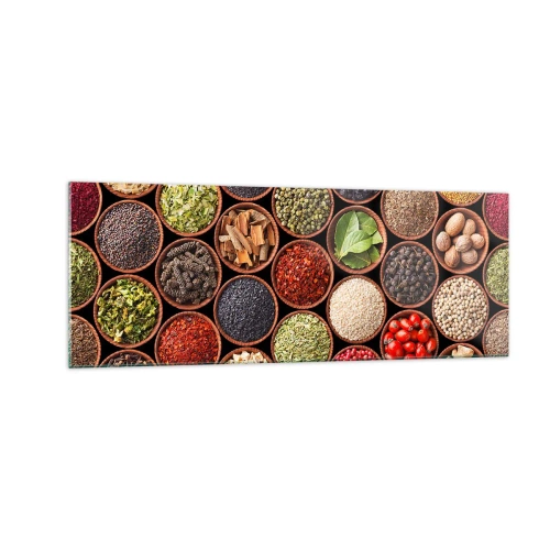 Impression sur verre - Image sur verre - Épices colorées dans des récipients ronds - 140x50cm - Toutes les saveurs du monde - Décoration murale moderne pour le salon et la chambre ARTTOR