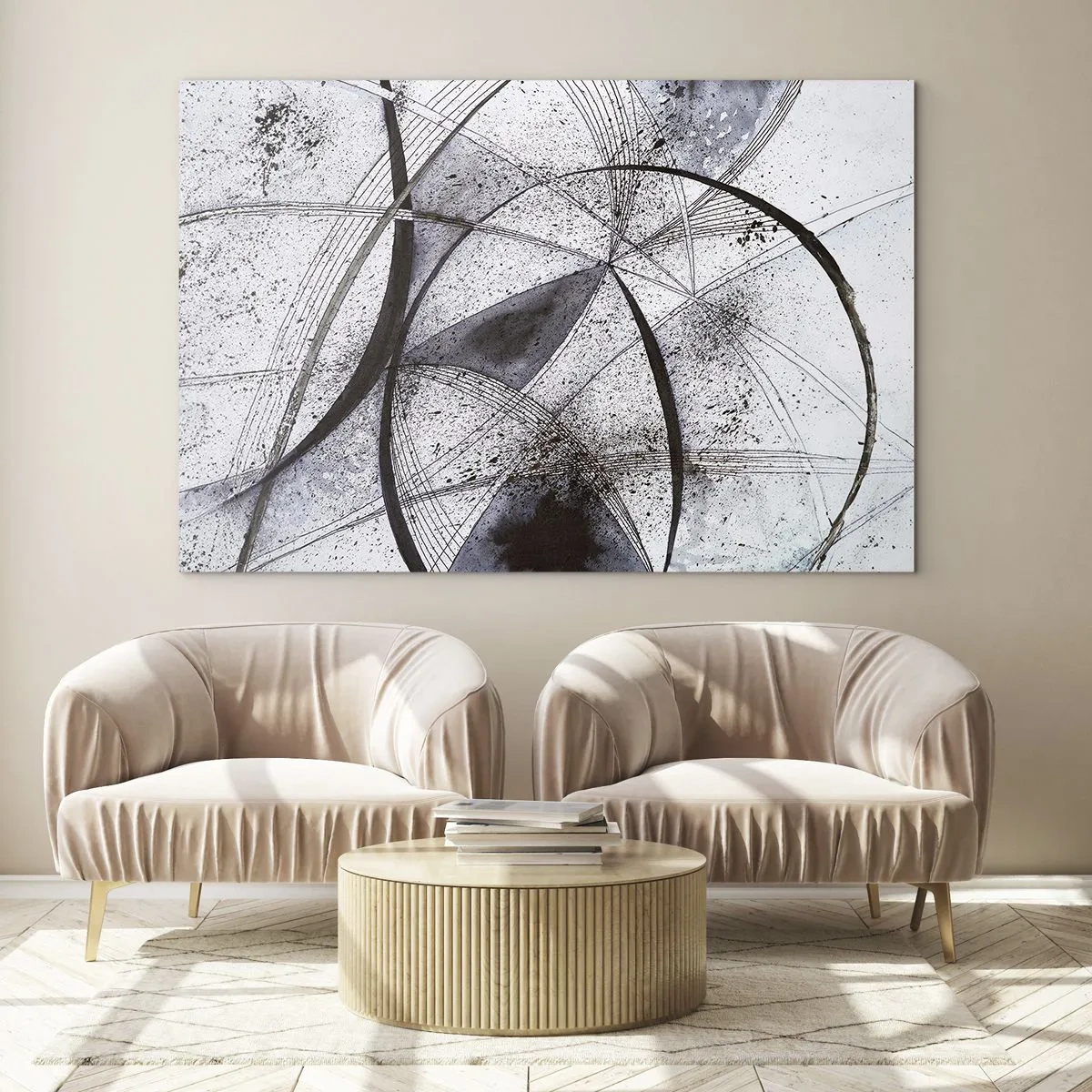 Impression sur verre - Image sur verre - Une composition en noir et blanc de lignes entrecroisées et d'arcs géométriques. - 70x50cm - Fantaisie futuriste - Décoration murale moderne pour le salon et la chambre ARTTOR