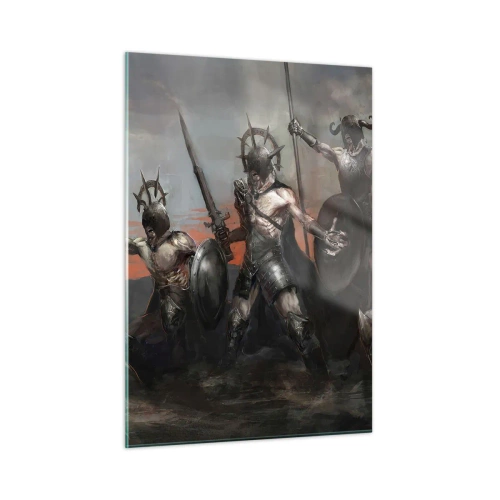 Impression sur verre - Image sur verre - Guerriers avec des lances et des boucliers contre le ciel rouge - 50x70cm - Avec ou sur un bouclier - Décoration murale moderne pour le salon et la chambre ARTTOR