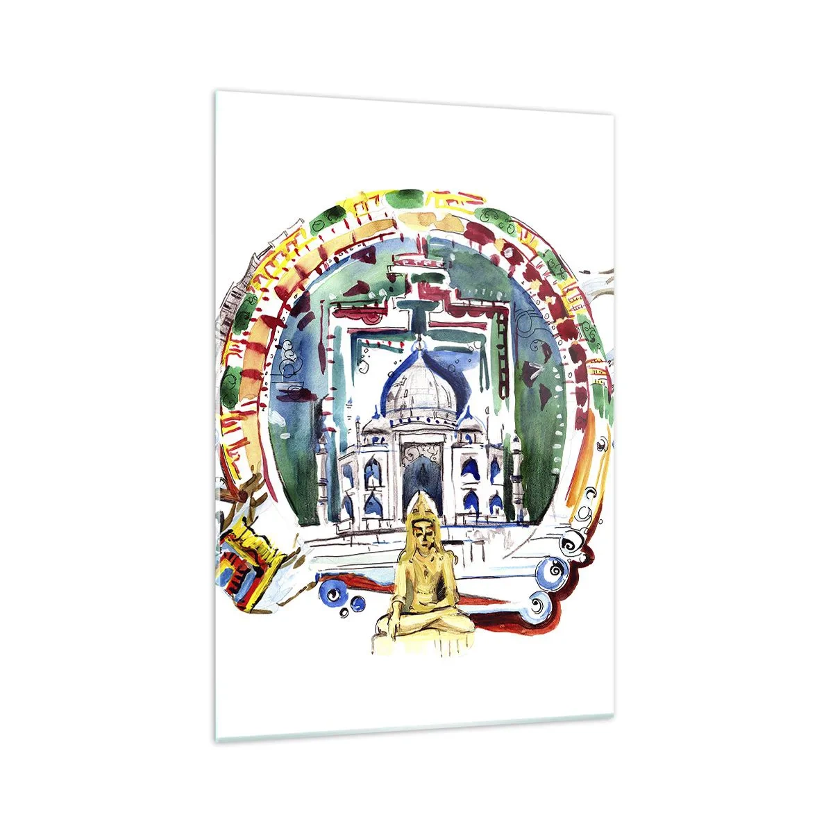 Impression sur verre - Image sur verre - Une illustration colorée de l'architecture indienne - 70x100cm - Équilibre mondial hindou - Décoration murale moderne pour le salon et la chambre ARTTOR