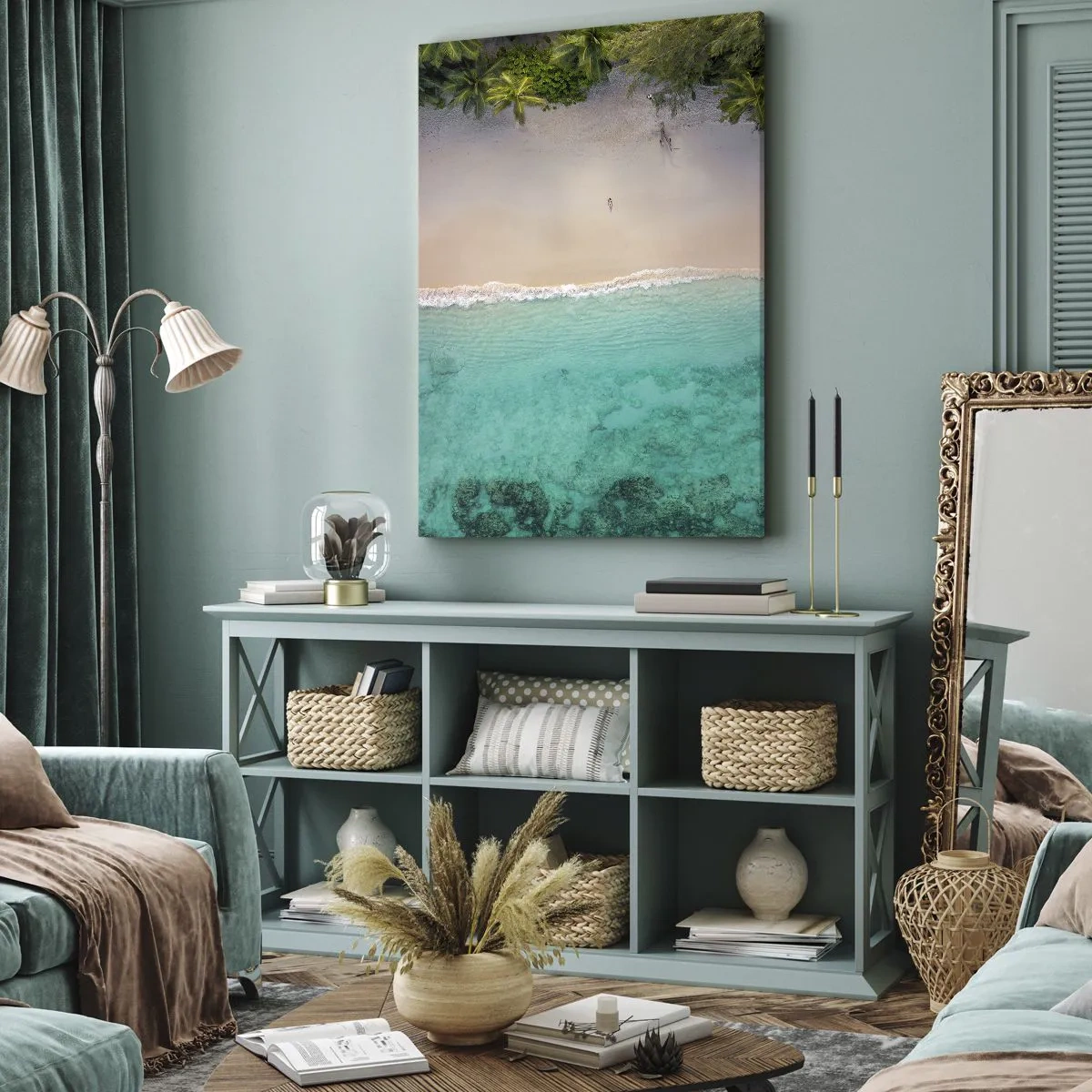 Impression sur toile - Image sur toile - Vue aérienne d'une plage tropicale aux eaux turquoises - 80x120cm - Plage paradisiaque - Décoration murale moderne pour le salon et la chambre ARTTOR