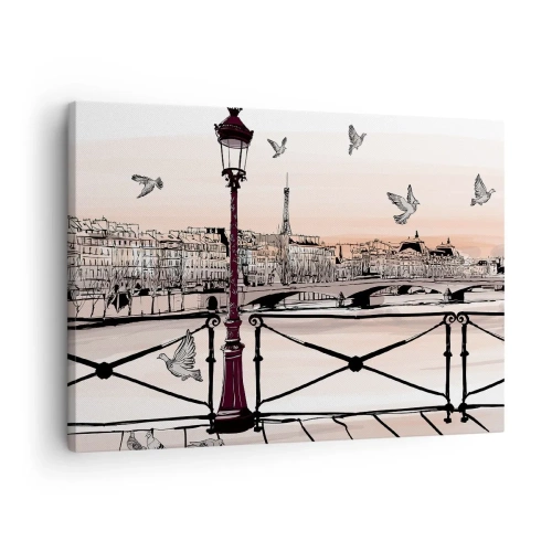 Impression sur toile - Image sur toile - Vue parisienne avec une lanterne et un pont - 70x50cm - Sur les toits de Paris - Décoration murale moderne pour le salon et la chambre ARTTOR