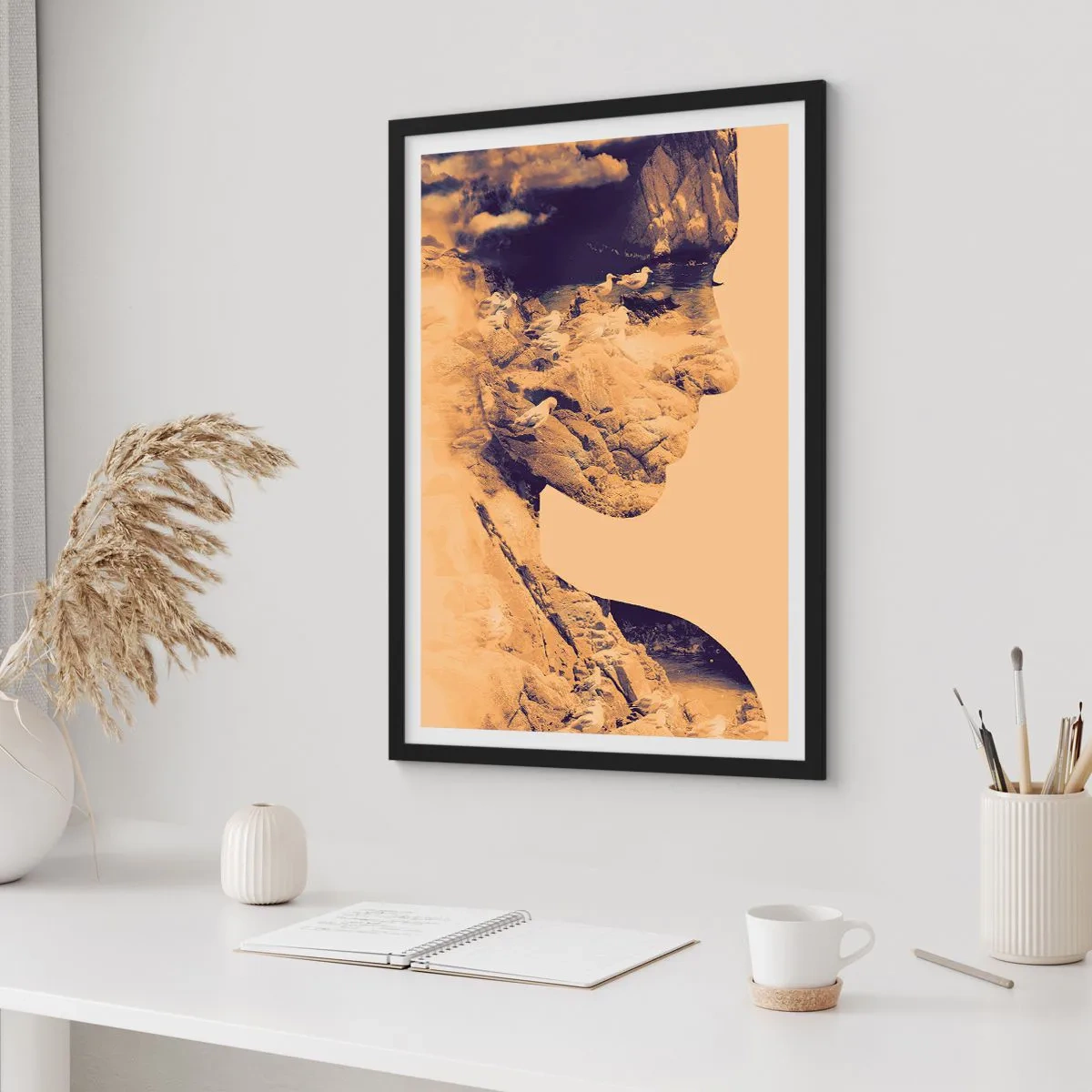 Affiche dans un cadre noir - Poster - Portrait avec un paysage dans le style de double exposition - 50x70cm - Beauté de la nature - Décoration murale moderne pour le salon et la chambre ARTTOR