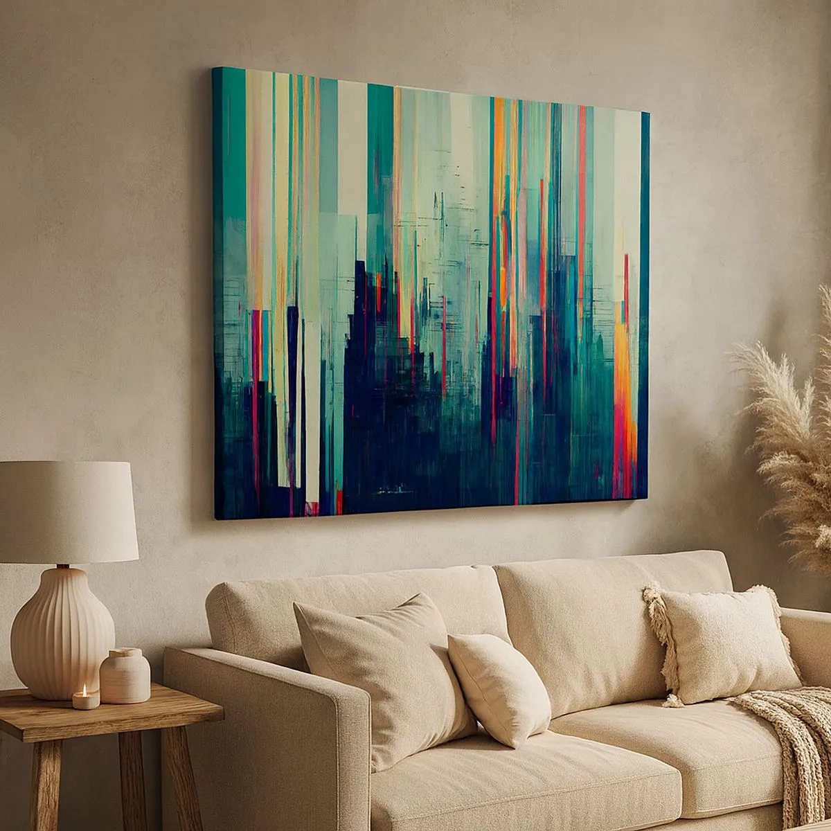 Impression sur toile - Image sur toile - Abstraction avec des lignes verticales et un horizon urbain - 70x50cm - Ville futuriste - Décoration murale moderne pour le salon et la chambre ARTTOR