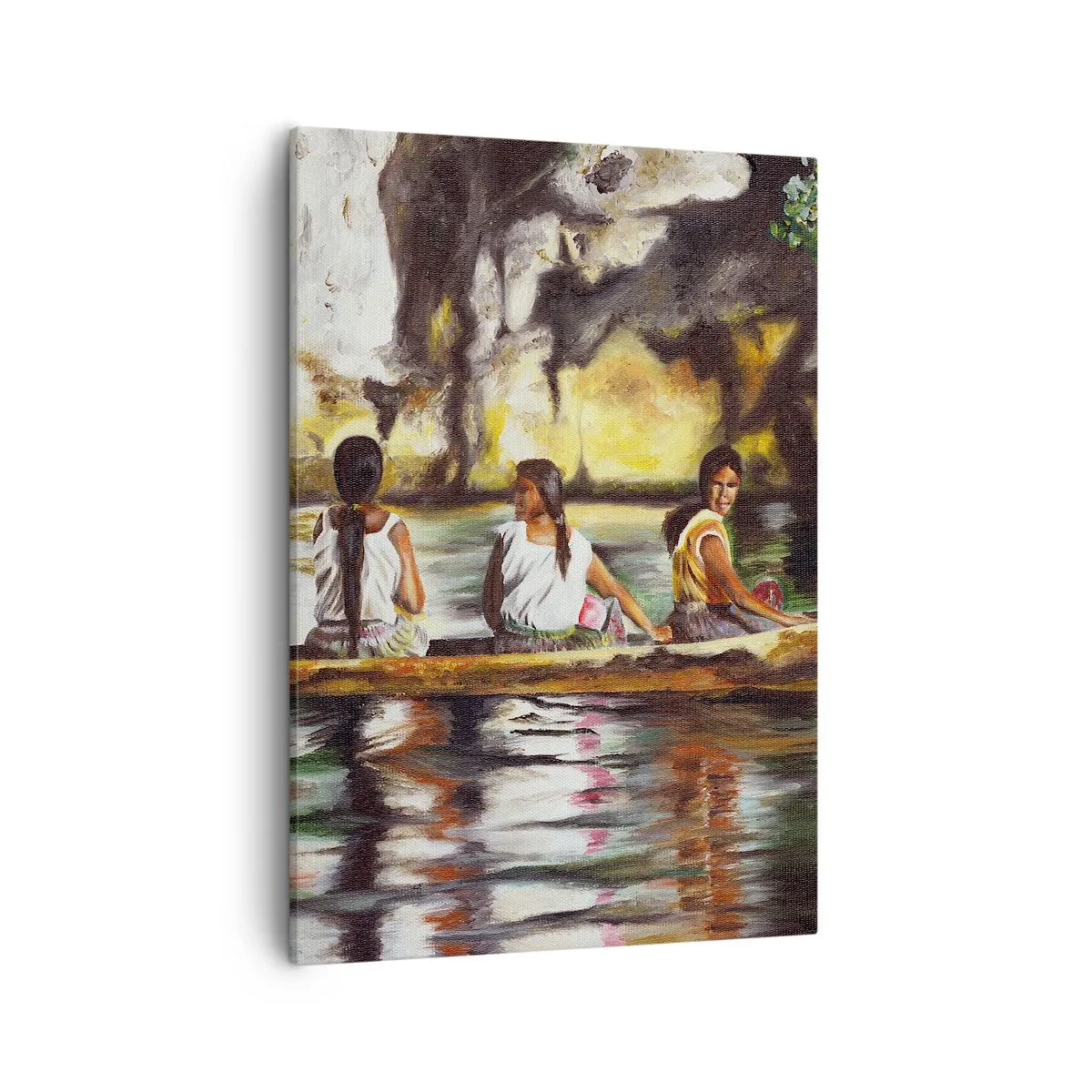 Impression sur toile - Image sur toile - Femmes dans un bateau sur une rivière calme avec un arrière-plan pittoresque - 50x70cm - Dans un paradis polynésien - Décoration murale moderne pour le salon et la chambre ARTTOR