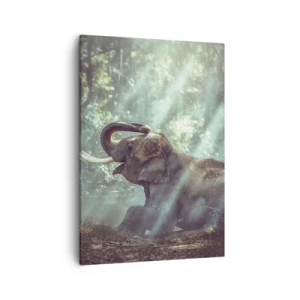 Impression sur toile - Image sur toile - Un garçon et un éléphant dans un décor forestier éclairé par la lumière du soleil - 50x70cm - Et écoute ça… - Décoration murale moderne pour le salon et la chambre ARTTOR