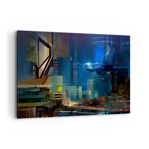 Impression sur toile - Image sur toile - Ville futuriste la nuit avec des néons et un véhicule volant - 120x80cm - Dans le futur proche - Décoration murale moderne pour le salon et la chambre ARTTOR