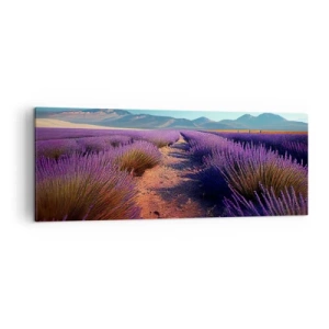 Impression sur toile - Image sur toile - Un champ de lavande avec vue sur les montagnes et le ciel bleu - 140x50cm - Champs parfumés - Décoration murale moderne pour le salon et la chambre ARTTOR