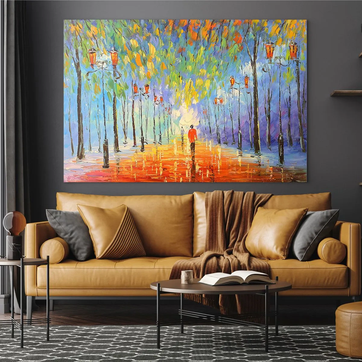 Impression sur verre - Image sur verre - Un parc coloré avec une allée et des lanternes dans un style pictural - 70x50cm - Chant nocturne de la pluie - Décoration murale moderne pour le salon et la chambre ARTTOR