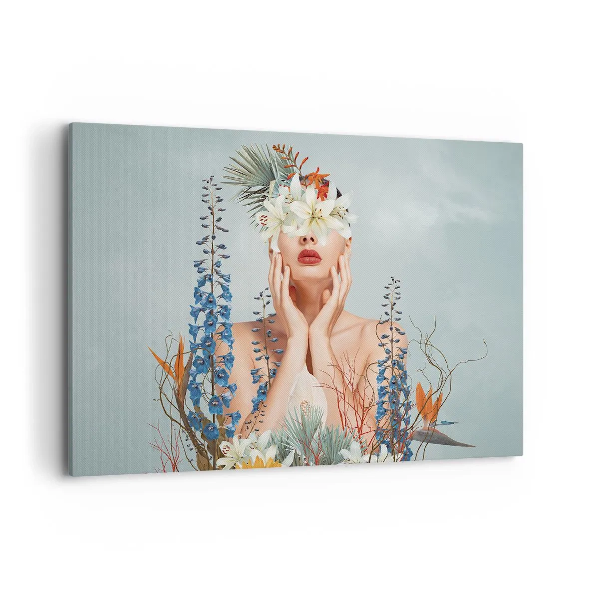 Impression sur toile - Image sur toile - Portrait d'une femme avec un motif floral sur fond bleu - 120x80cm - Femme - fleur - Décoration murale moderne pour le salon et la chambre ARTTOR