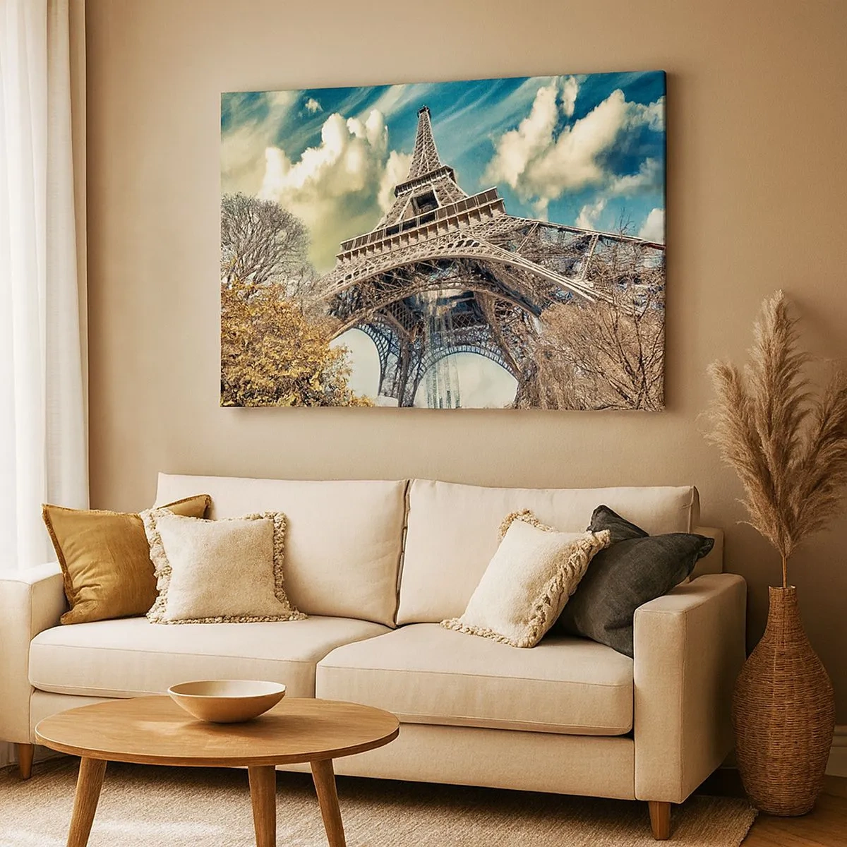Impression sur toile - Image sur toile - La Tour Eiffel vue d'en bas dans un décor automnal - 70x50cm - Et en automne à Paris... - Décoration murale moderne pour le salon et la chambre ARTTOR