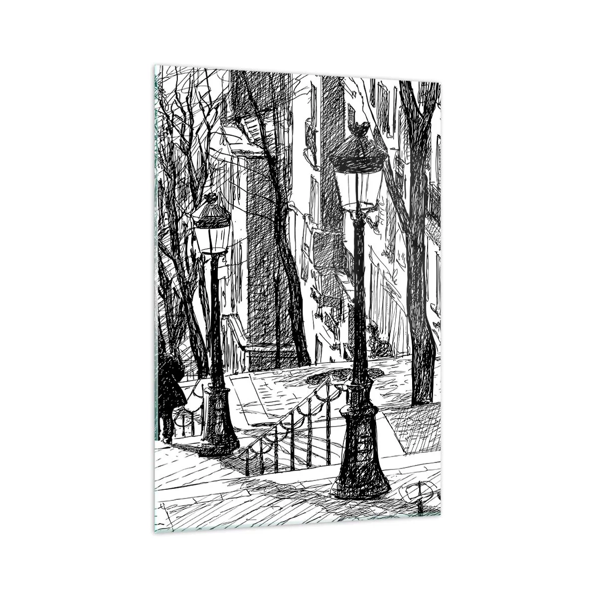Impression sur verre - Image sur verre - Une rue avec des lampadaires et une silhouette humaine en technique d'esquisse - 70x100cm - Une histoire d'amour ou une histoire d'horreur ? - Décoration murale moderne pour le salon et la chambre ARTTOR