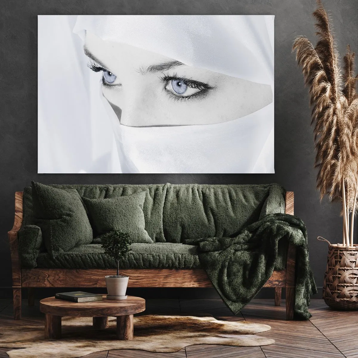Impression sur toile - Image sur toile - Portrait d'une femme aux yeux bleus cachés derrière un voile blanc - 120x80cm - Directement des mille et une nuits - Décoration murale moderne pour le salon et la chambre ARTTOR