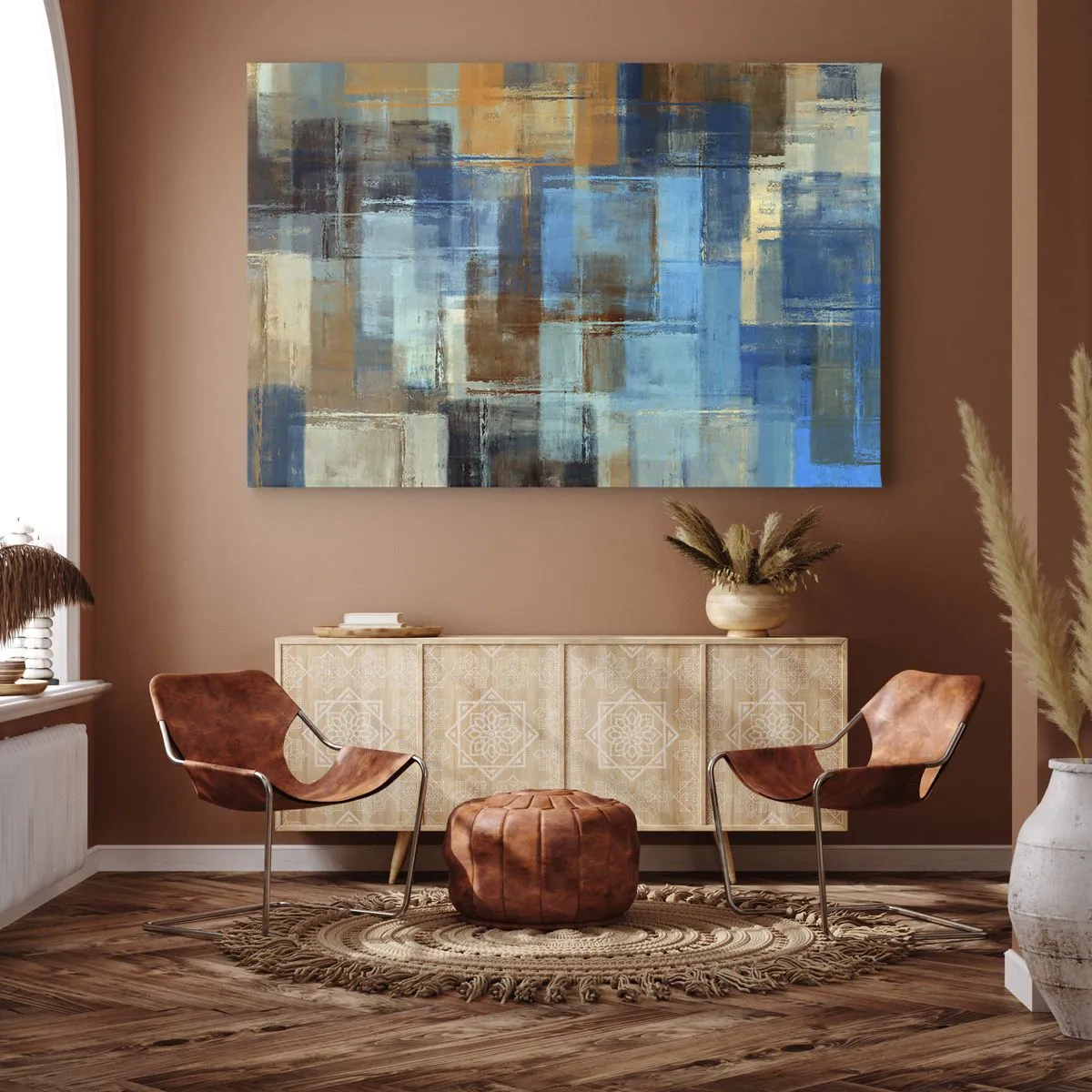 Impression sur toile - Image sur toile - Composition géométrique abstraite dans les tons de bleu et de marron - 70x50cm - A travers le voile bleu - Décoration murale moderne pour le salon et la chambre ARTTOR