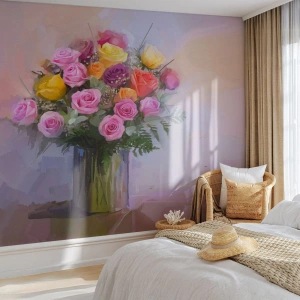 Papier Peint Photo Premium Sand - Un bouquet de roses colorées dans un vase en verre - 100x70cm - Beauté conservée - Décoration murale moderne pour le salon et la chambre ARTTOR