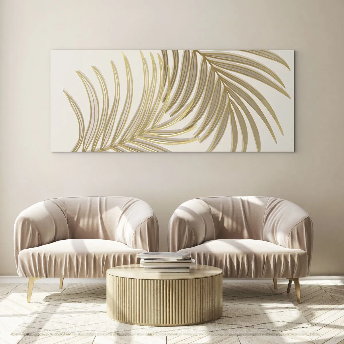 Impression sur verre - Image sur verre - Feuilles de palmier dorées sur fond clair dans un style minimaliste - 120x50cm - Palme d'or! - Décoration murale moderne pour le salon et la chambre ARTTOR