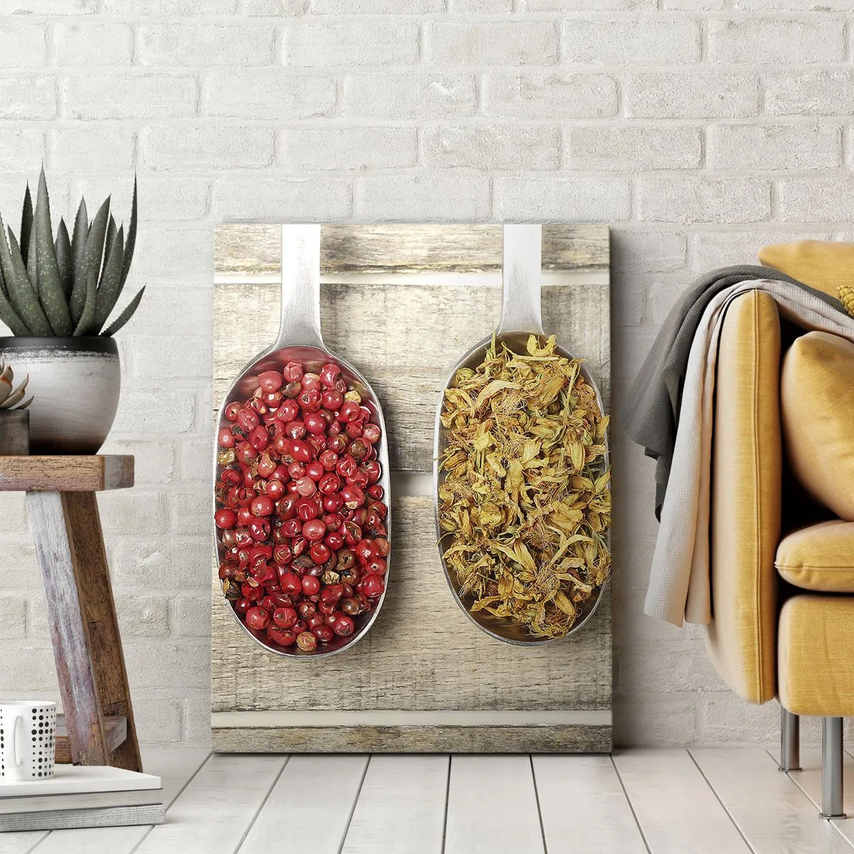 Impression sur toile - Image sur toile - Trois cuillères en métal avec des épices sur un fond en bois - 50x70cm - Magie de la cuisine - Décoration murale moderne pour le salon et la chambre ARTTOR