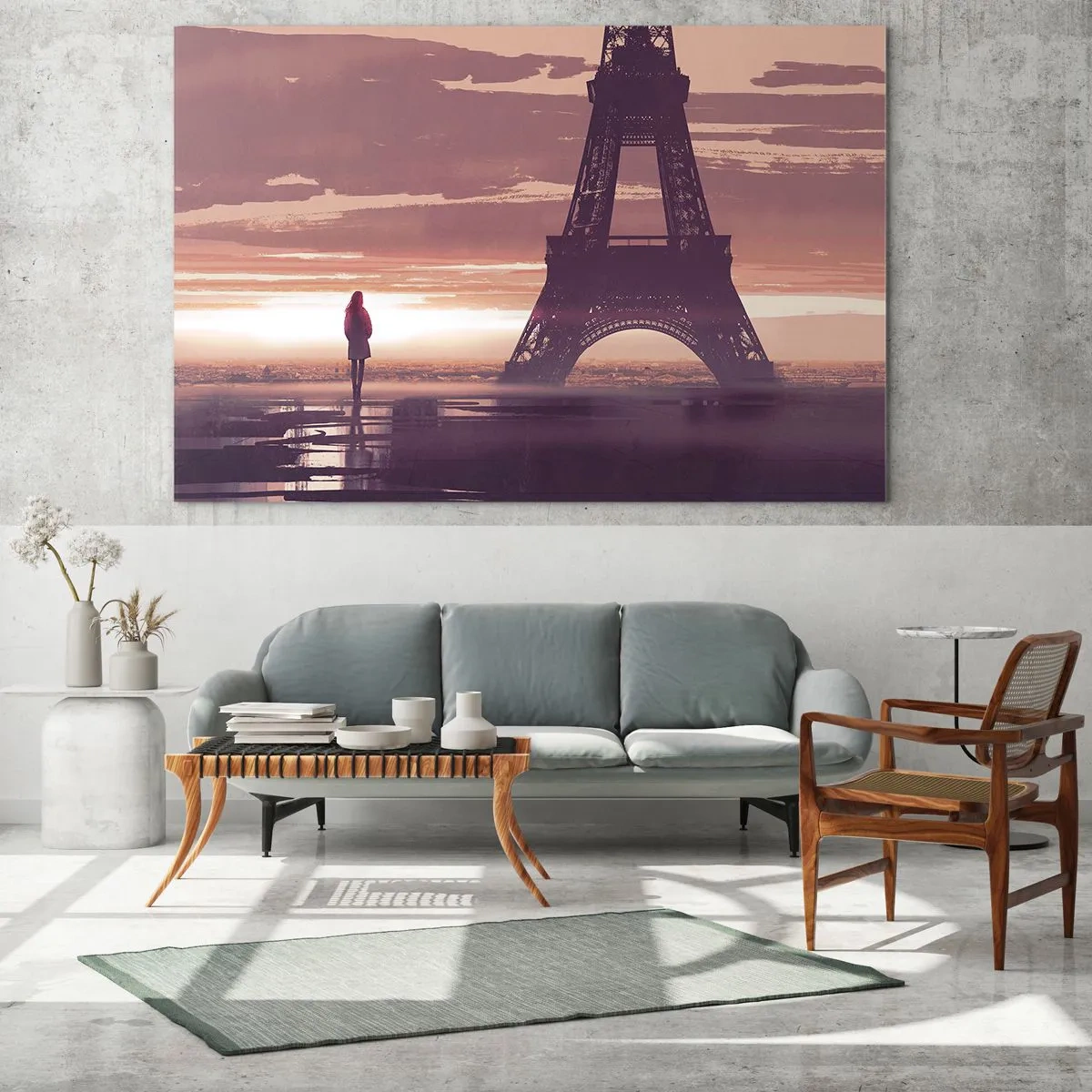 Impression sur verre - Image sur verre - La Tour Eiffel au coucher du soleil avec la silhouette d'une personne - 100x70cm - Seulement deux d'entre eux - Décoration murale moderne pour le salon et la chambre ARTTOR