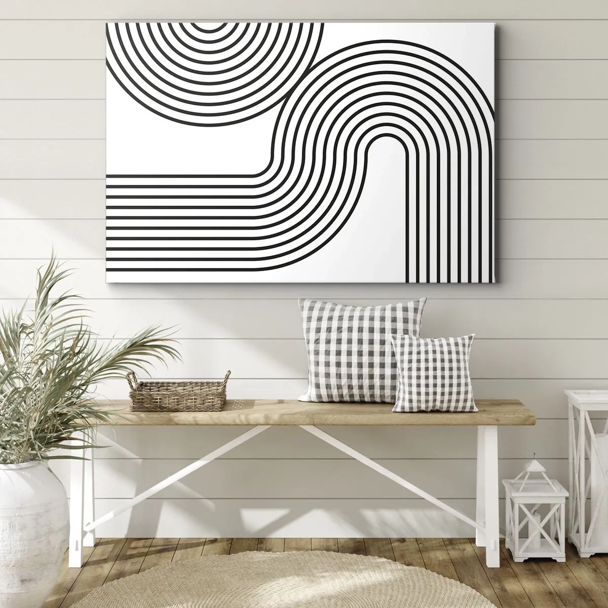 Impression sur toile - Image sur toile - Une peinture abstraite avec des lignes noires créant des motifs géométriques sur un fond blanc. - 70x50cm - En plein virage - Décoration murale moderne pour le salon et la chambre ARTTOR