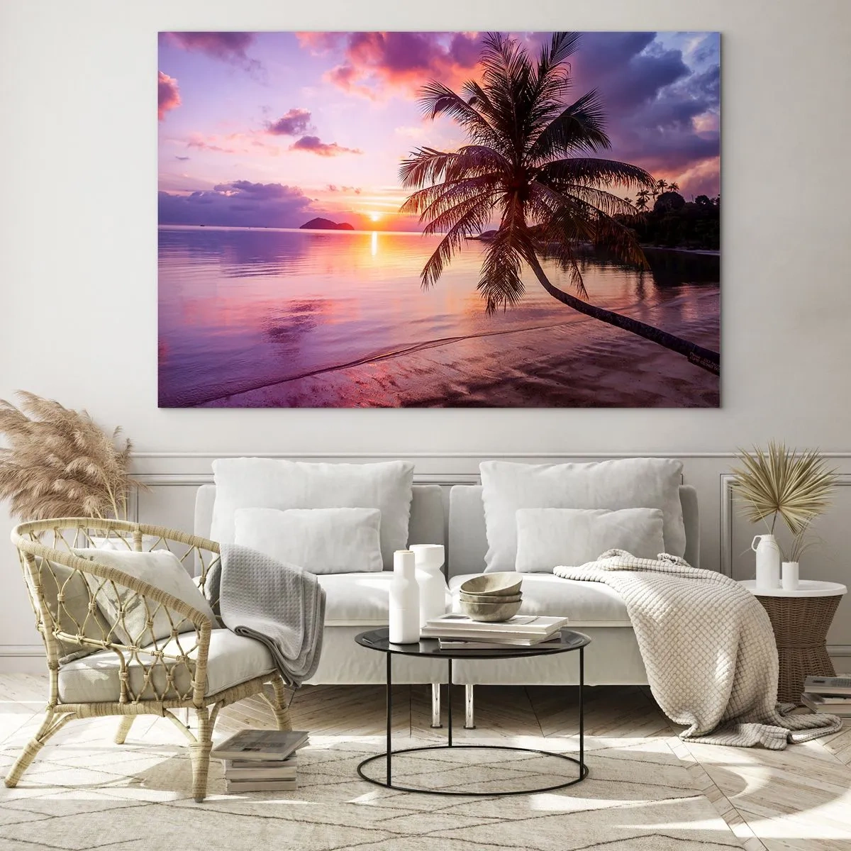 Impression sur verre - Image sur verre - Plage exotique avec un palmier au coucher du soleil - 100x70cm - Le bonheur à l'horizon - Décoration murale moderne pour le salon et la chambre ARTTOR