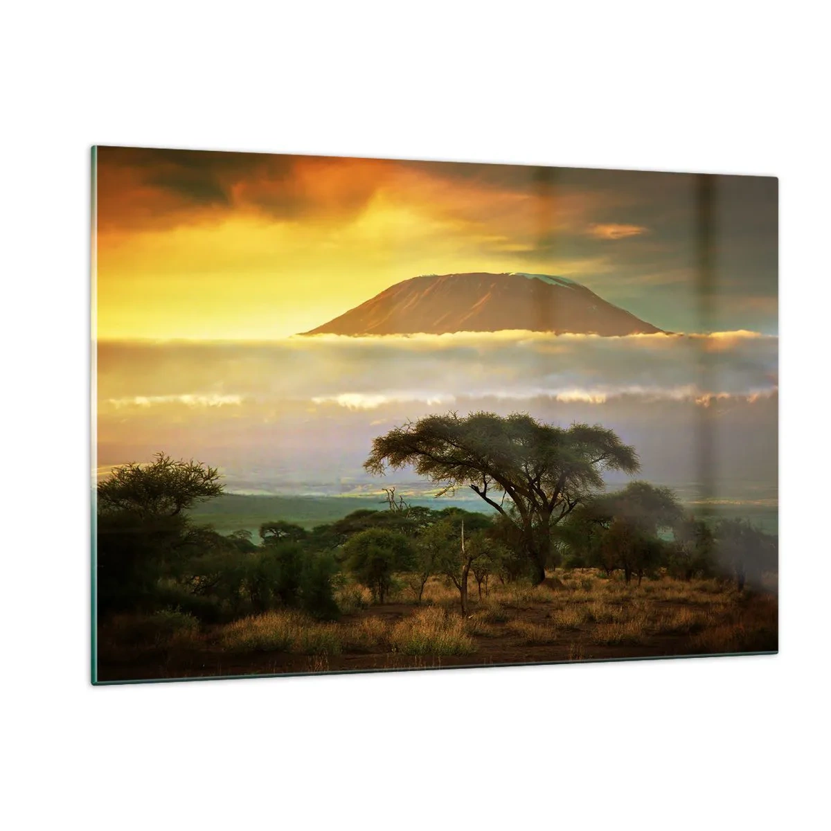 Impression sur verre - Image sur verre - Le mont Kilimandjaro entouré de nuages sur fond de savane africaine - 120x80cm - Un rêve de voyageur - Décoration murale moderne pour le salon et la chambre ARTTOR