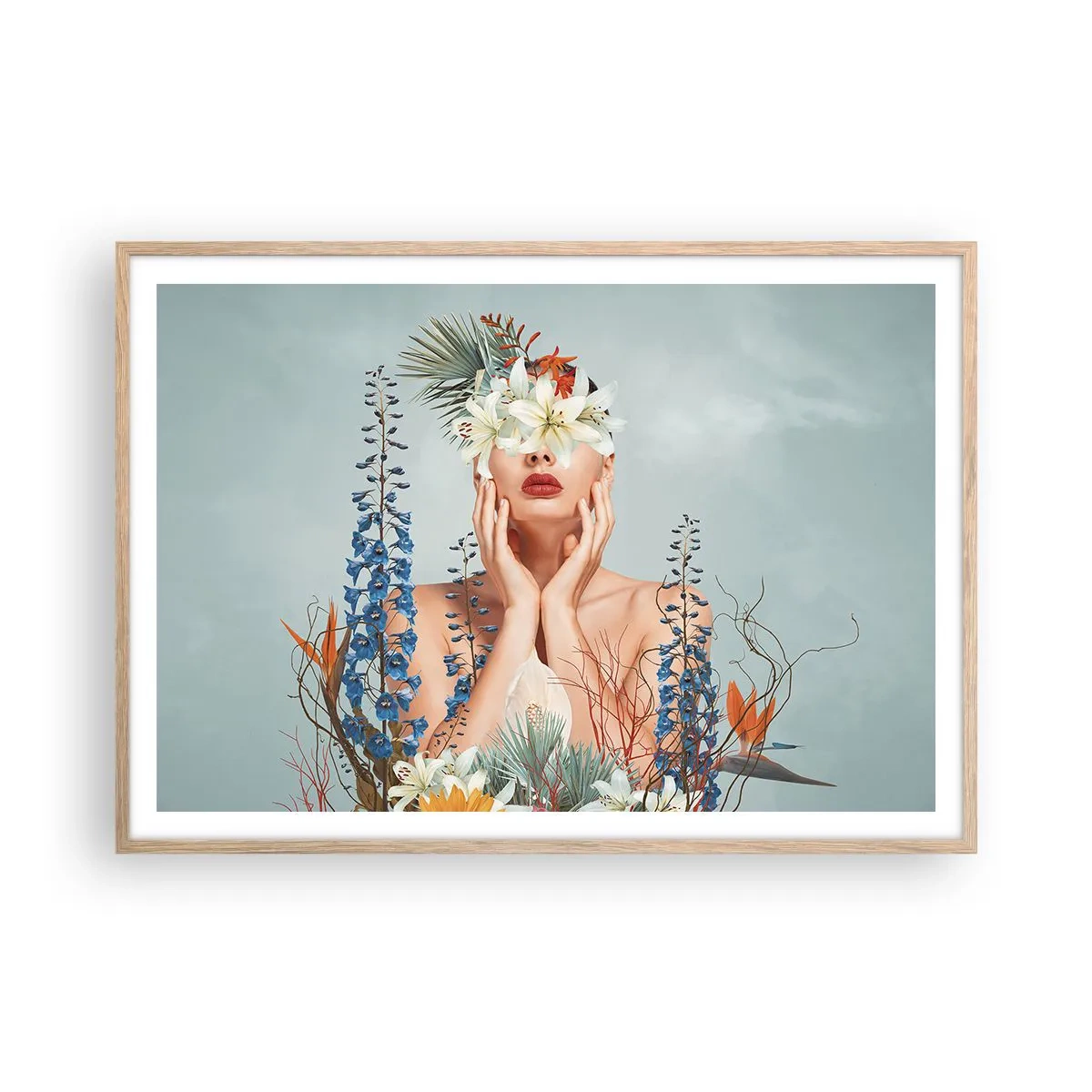 Affiche dans un chêne clair - Poster - Femme - fleur - 100x70 cm