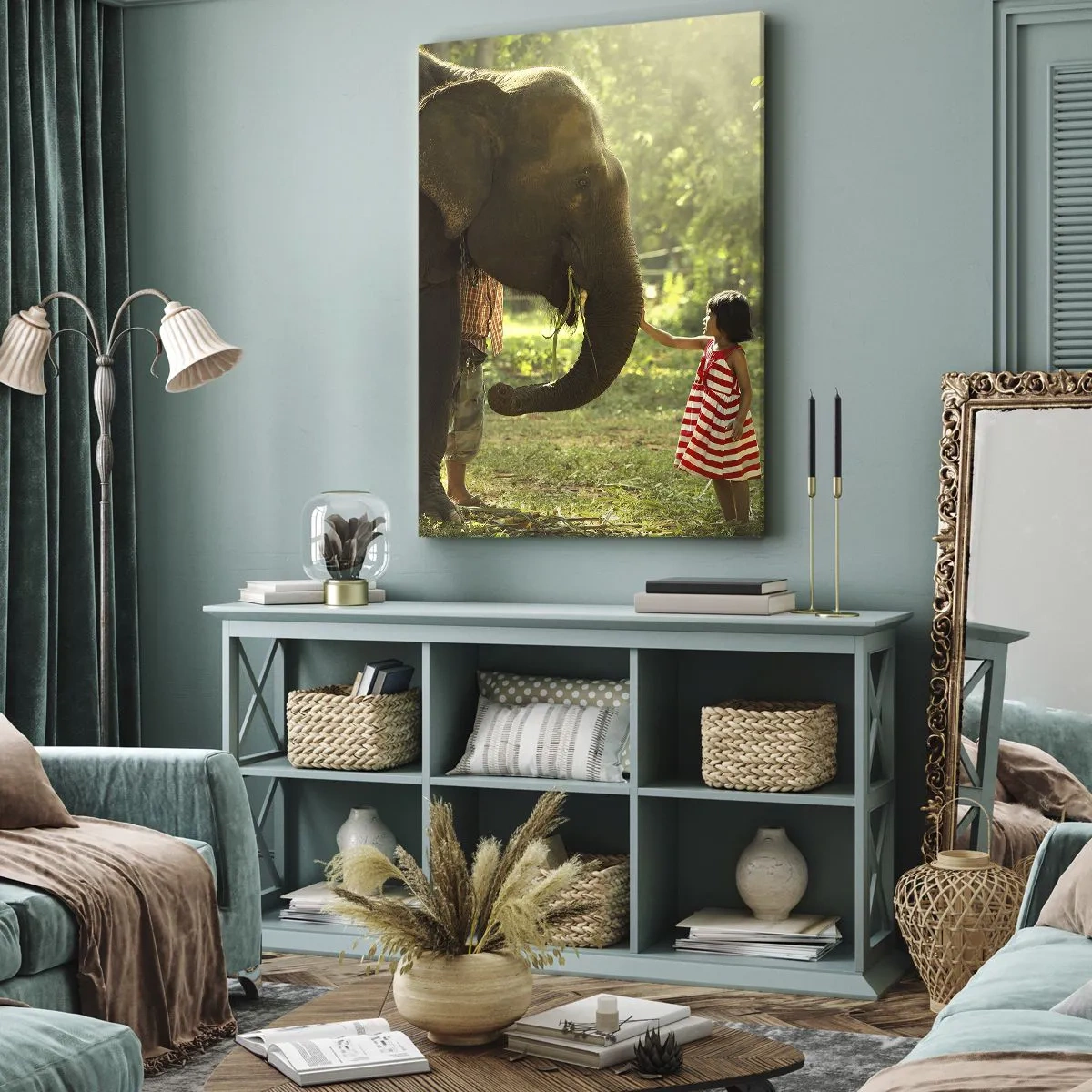 Impression sur toile - Image sur toile - Une fille en robe rouge touchant un éléphant dans la forêt. - 50x70cm - La force de l'amitié - Décoration murale moderne pour le salon et la chambre ARTTOR