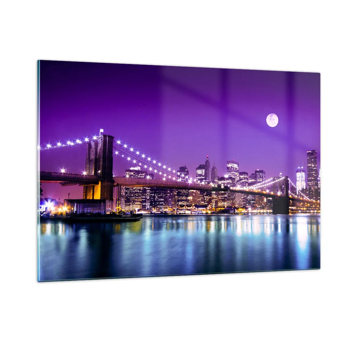 Impression sur verre - Image sur verre - Le pont de Brooklyn et Manhattan la nuit dans des tons violets - 120x80cm - Lumières de grande ville en violet - Décoration murale moderne pour le salon et la chambre ARTTOR