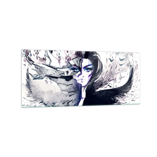 Impression sur verre - Image sur verre - Visage abstrait avec des éléments contrastés et un motif d'aile - 120x50cm - Démoniaque et belle - Décoration murale moderne pour le salon et la chambre ARTTOR