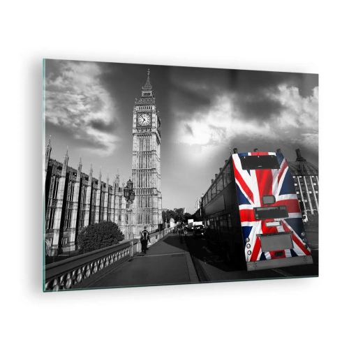 Impression sur verre - Image sur verre - Big Ben et un bus avec un drapeau britannique - 70x50cm - Fière et grande - Décoration murale moderne pour le salon et la chambre ARTTOR