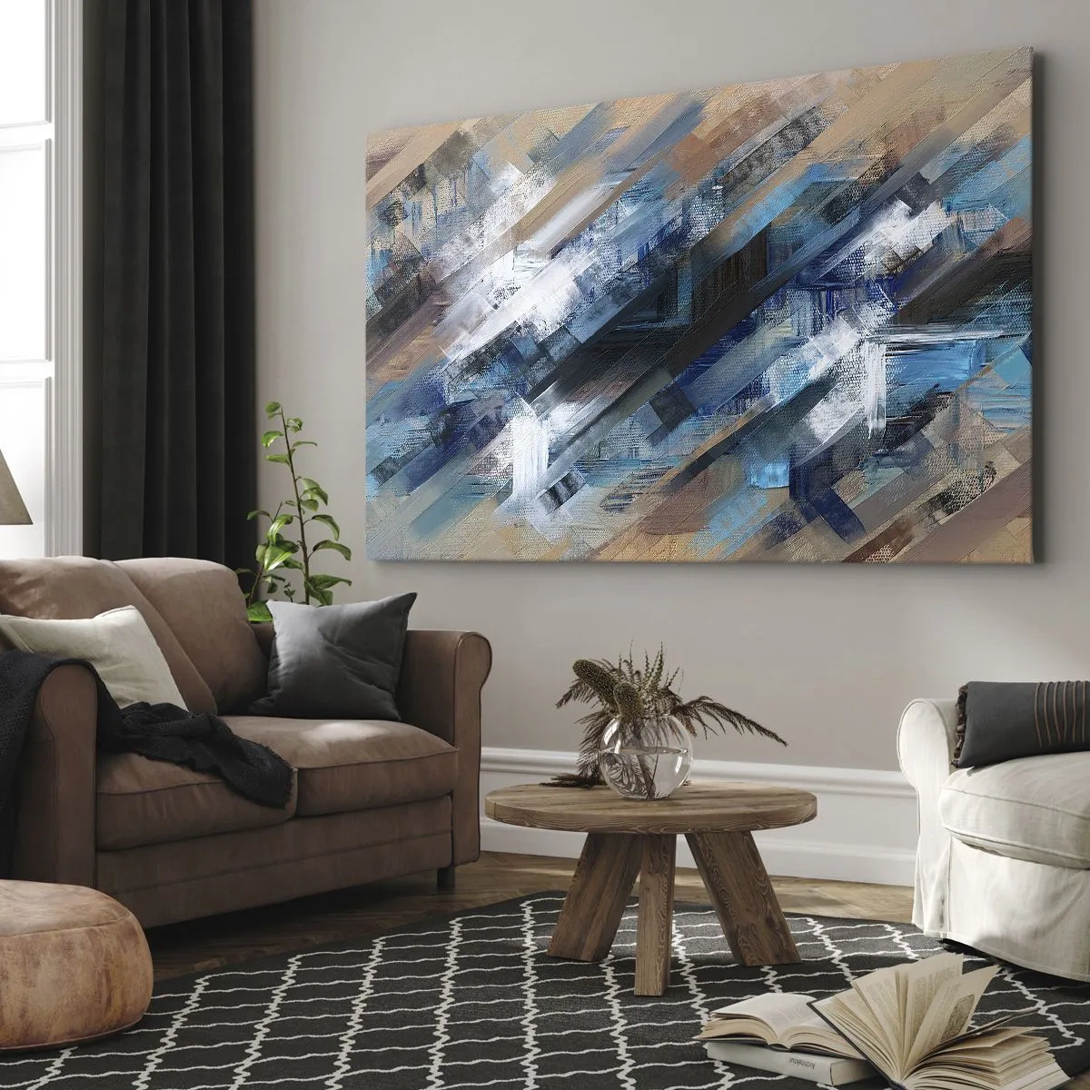 Impression sur toile - Image sur toile - Composition abstraite avec des lignes diagonales bleues - 120x80cm - Diagonale de bleus - Décoration murale moderne pour le salon et la chambre ARTTOR