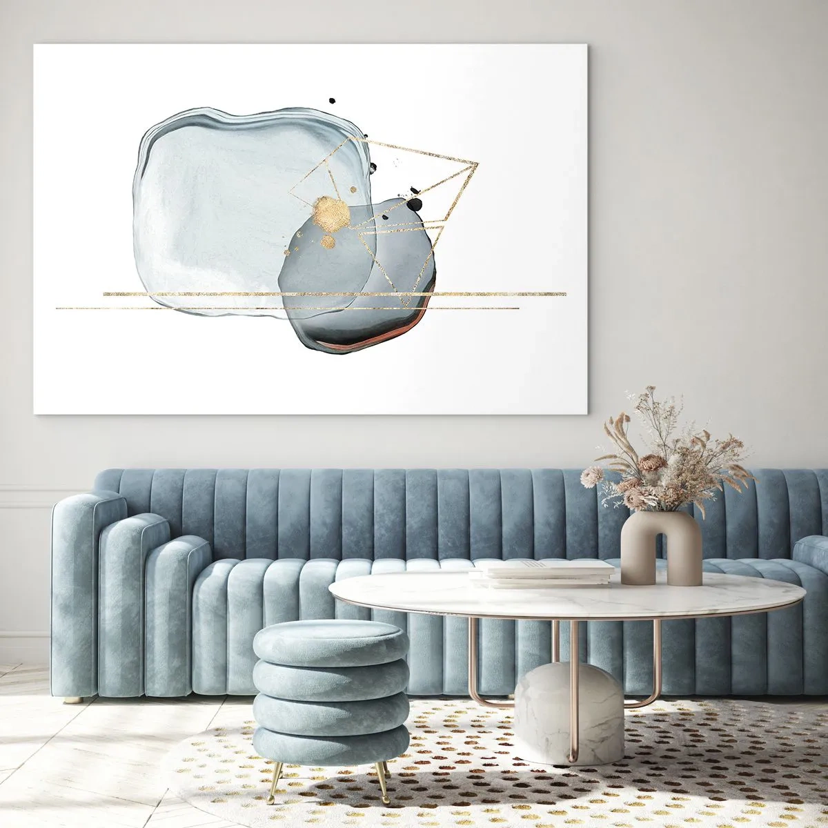Impression sur verre - Image sur verre - Abstraction moderne avec des gouttes et des lignes géométriques dorées - 70x50cm - Etude des gouttes - Décoration murale moderne pour le salon et la chambre ARTTOR