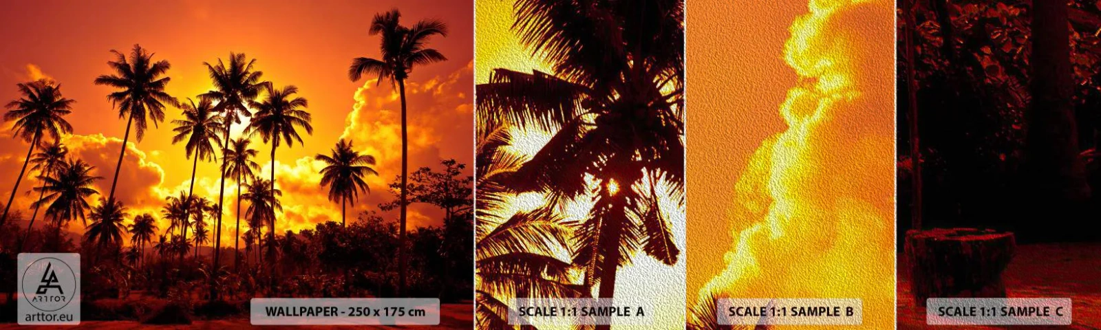 Échantillon de Papier Peint Premium Sand - Montagnes en feu, forêts en feu - palmiers, Tropiques, Soleil - 100x30 cm