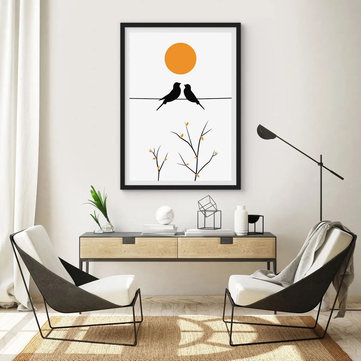 Affiche dans un cadre noir - Poster - Deux oiseaux sur une branche avec un soleil orange en arrière-plan - 50x70cm - Soirée pour rossignols - Décoration murale moderne pour le salon et la chambre ARTTOR