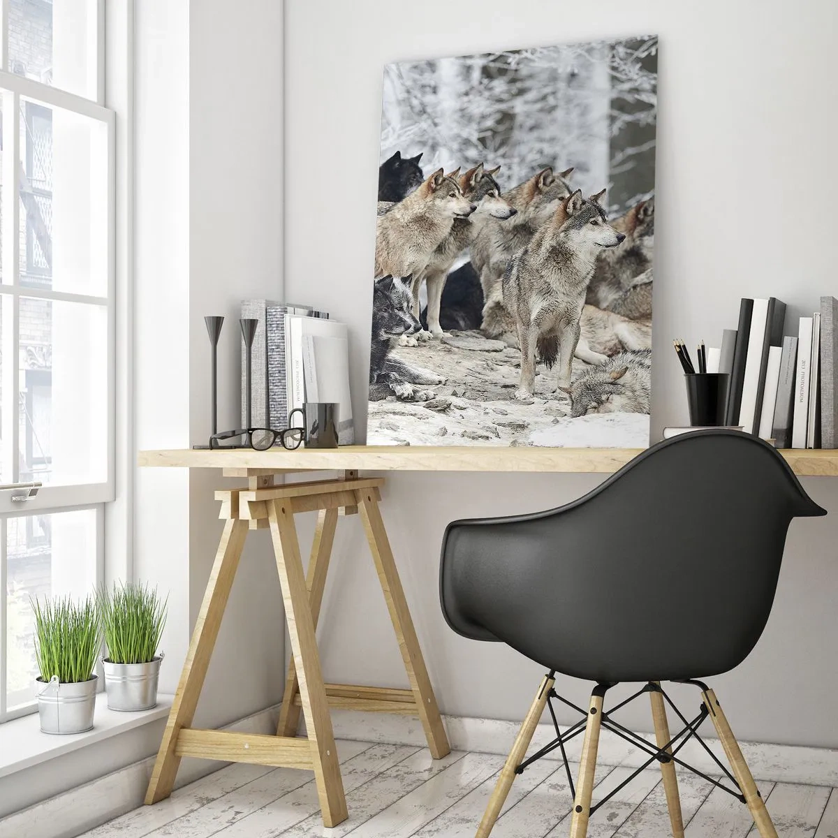 Impression sur verre - Image sur verre - Une meute de loups dans la forêt d'hiver - 50x70cm - Famille et amis - Décoration murale moderne pour le salon et la chambre ARTTOR