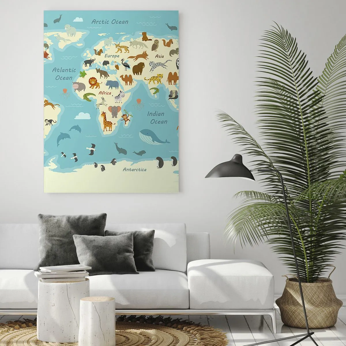 Impression sur verre - Image sur verre - Une carte du monde colorée avec des illustrations d'animaux de différents continents. - 50x70cm - De bons voisins - Décoration murale moderne pour le salon et la chambre ARTTOR