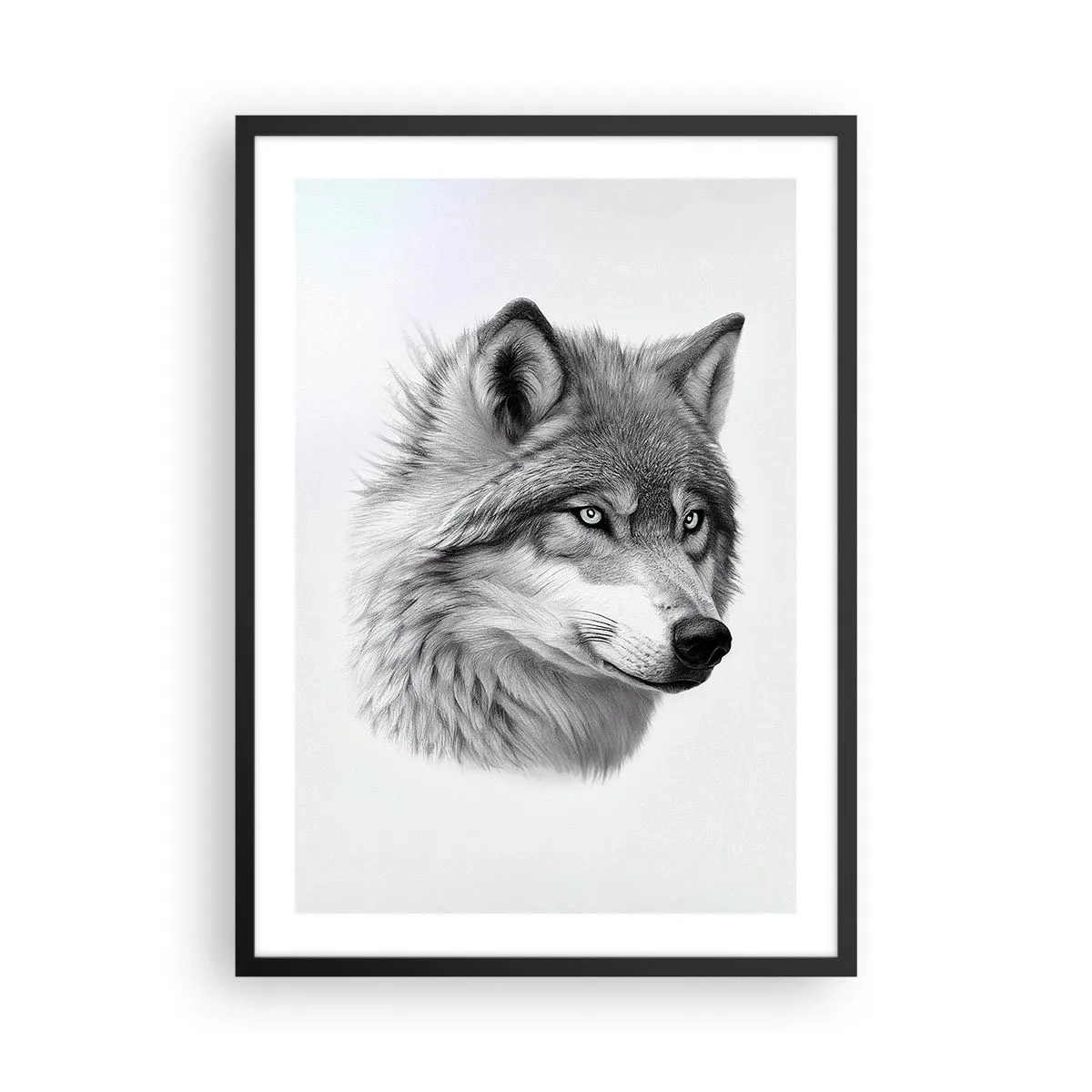 Affiche dans un cadre noir - Poster - Un portrait réaliste d'un loup dans des tons de gris. - 50x70cm - Alpha – sans aucun doute - Décoration murale moderne pour le salon et la chambre ARTTOR