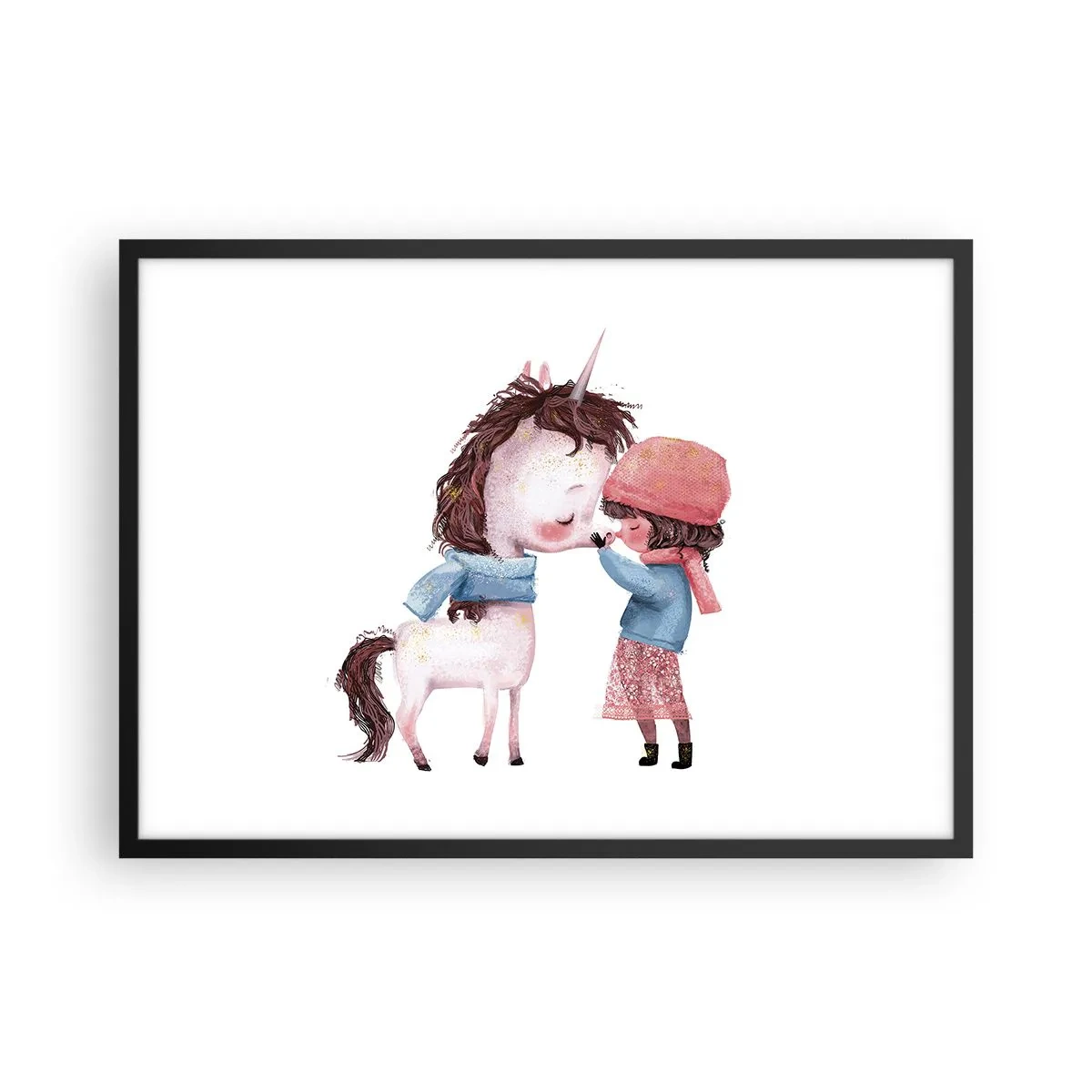 Affiche dans un cadre noir - Poster - Une fille et une licorne dans un paysage hivernal - 70x50cm - Histoire d'hiver - Décoration murale moderne pour le salon et la chambre ARTTOR