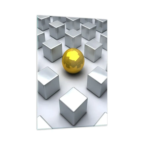 Impression sur verre - Image sur verre - Une sphère dorée se détachant parmi les cubes d'argent - 80x120cm - Pourquoi moi? Composition géométrique - Décoration murale moderne pour le salon et la chambre ARTTOR