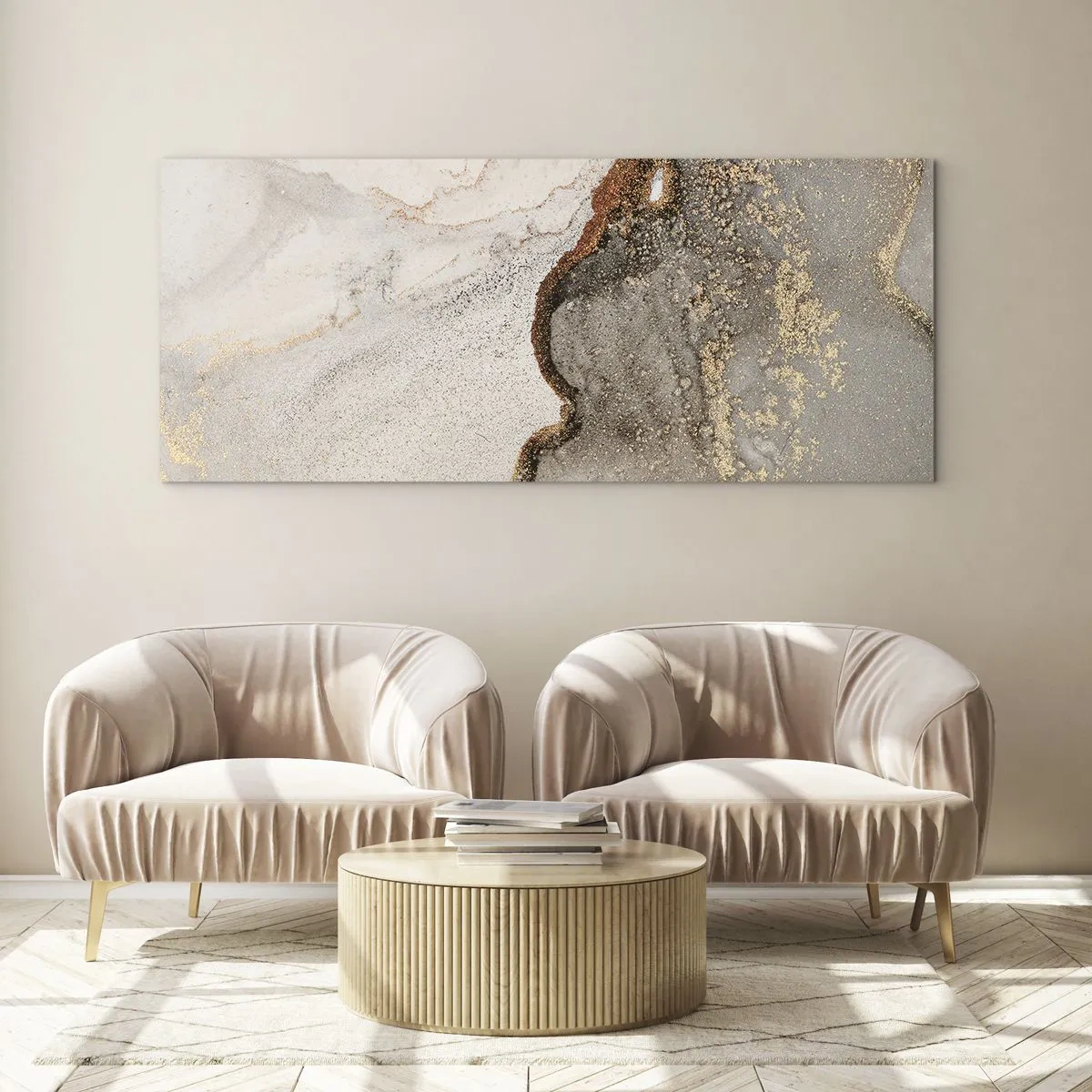 Impression sur verre - Image sur verre - Motif abstrait avec des nuances d'or et de gris - 140x50cm - Aux frontières des couleurs - Décoration murale moderne pour le salon et la chambre ARTTOR