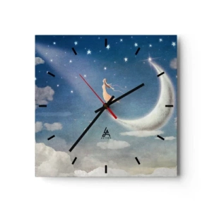 Horloge murale - Pendule murale - Une femme dans la lune entourée d'étoiles et de nuages - 30x30cm - Valise bleue - Décoration murale moderne pour le salon et la chambre ARTTOR