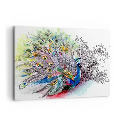Impression sur toile - Image sur toile - Un paon dans un style aquarelle coloré avec des plumes abstraites - 100x70cm - Avec fierté contre la grisaille - Décoration murale moderne pour le salon et la chambre ARTTOR