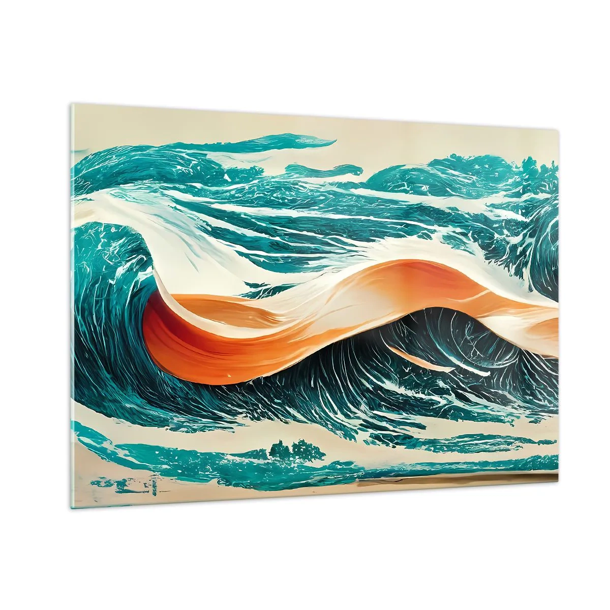 Impression sur verre - Image sur verre - Vagues turquoise avec un ruban orange dans un style surréaliste - 100x70cm - Le rêve d'un surfeur - Décoration murale moderne pour le salon et la chambre ARTTOR